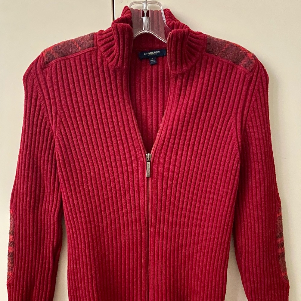 Burberry Zip Up Sweater Cardigan Raspberry Red Size S 100% Wool